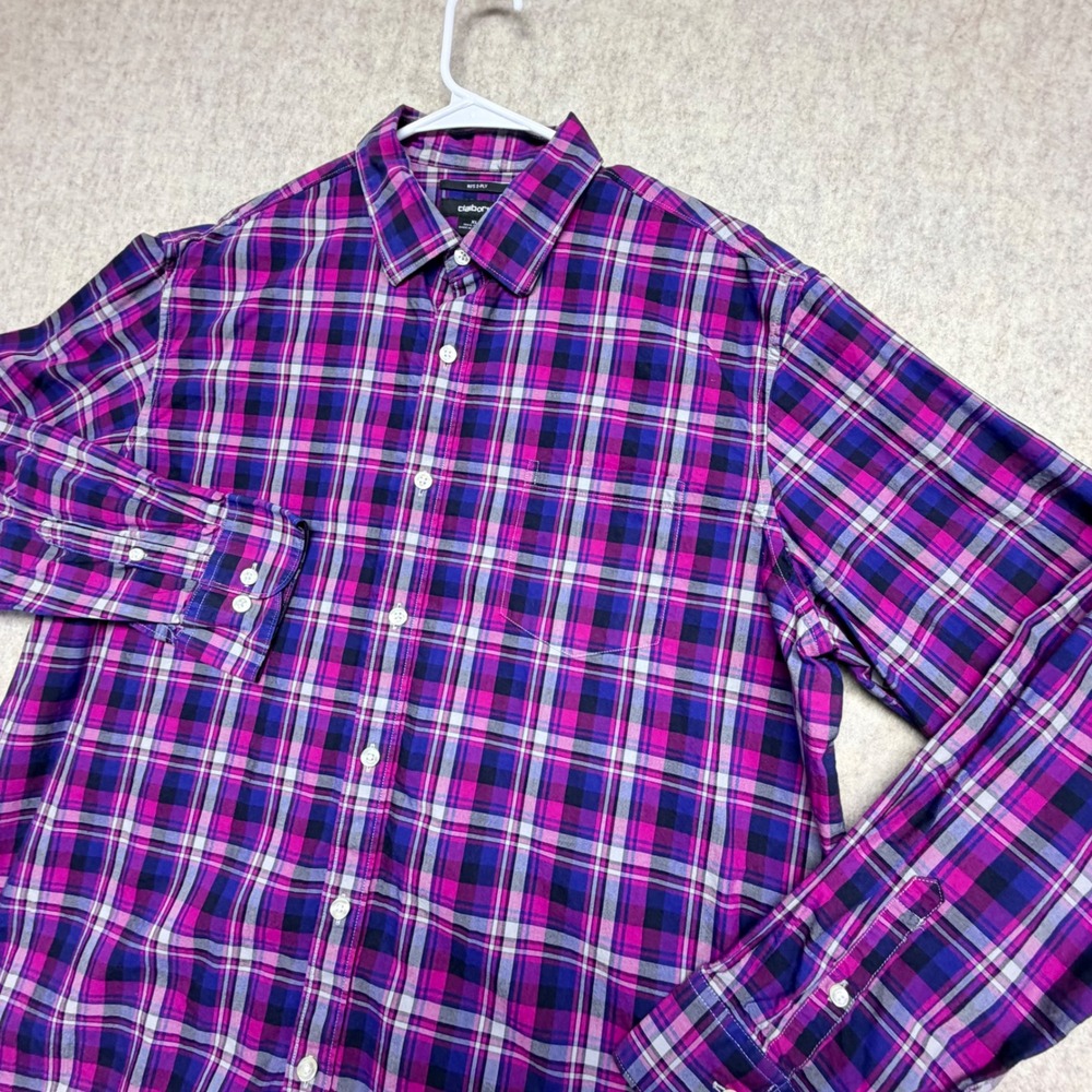 Claiborne Button Down Shirt Mens XL Purple Plaid Cotton Long Sleeve